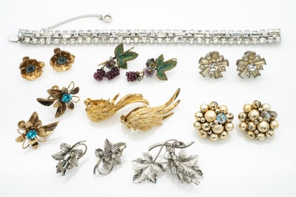 Group of 8 Pairs of Costume Earrings including Matching Brooch and Bracelet