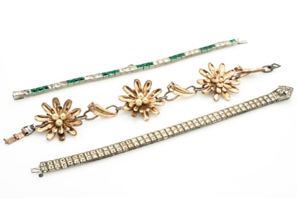 Group of 3 Vintage Sterling Silver Art Deco, Retro Rhinestone Bracelets