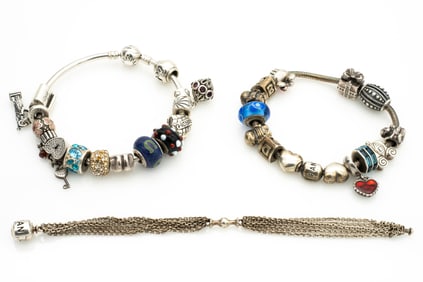 Three Pandora Bracelets and Charms, Sterling Silver
