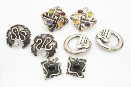 Lot of 4 Pairs of Earrings, Large Sterling Silver Studio Gemstone Earrings