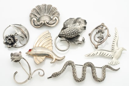 Group of Vintage and Mid Century Sterling Silver Art Deco Brooches