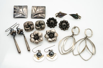 Group of 8 Sterling Silver Earrings, Studio, Modernist