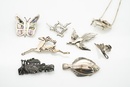 Group of 8 Sterling Silver Animal Motif Brooches, Pin and Pendant, Abalone, Fish, Birds, and Noah's
