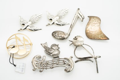 Lot of 8 Vintage Mid-Century, Sterling Silver Brooches, Birds and Music