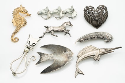 Lot of 8 Vintage Mid-Century Sterling Silver Brooches, Cat, Fish and Horses