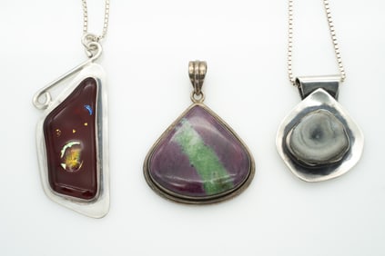 Vintage Lot of 3, Studio Sterling Silver Pendants and Necklaces, CW Druzy Ruby Zoisite Glass