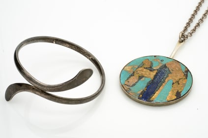 Pairing of Vintage Danish Sterling Silver Pieces, Borge Nielsen Tone Fired Enamel Pendant and