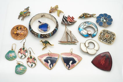 Large Lot of Enamel Pins, Brooches, Pendants, Earrings, and Bangle, incl Laura Burch