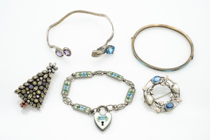 Group of Sterling Silver, Enamel and Gemstone Jewelry Pieces incl Baby Necklace