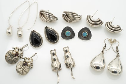 Group of 8 Sterling Silver Vintage Earrings including Opal, Pearl, and Navajo