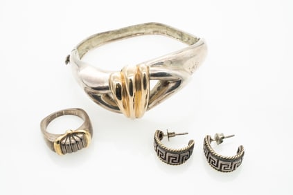 Group of Designer 14k Gold and Sterling Silver Bracelet, Ring, and Earrings