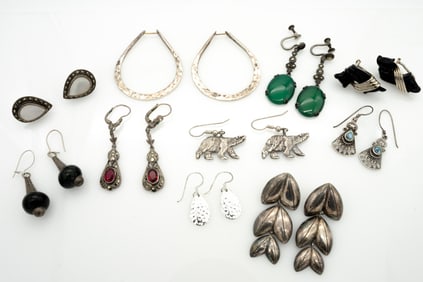 Vintage Lot of 10 Sterling Silver Earrings incl Dangle & Asst Stones