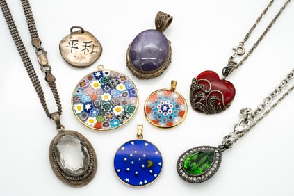 Lot of 8 Mixed Sterling Silver and Glass Pendants incl 2 Millefiori Murano Glass Pendants