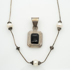 Vintage Ippolita Sterling Silver Pearl Necklace & Onyx Pendant