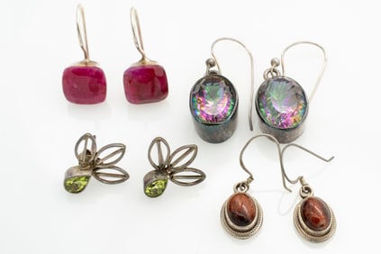 Group of 4 Pairs of Sterling Silver Earrings, Ruby, Peridot, Topaz, and Tiger Eye