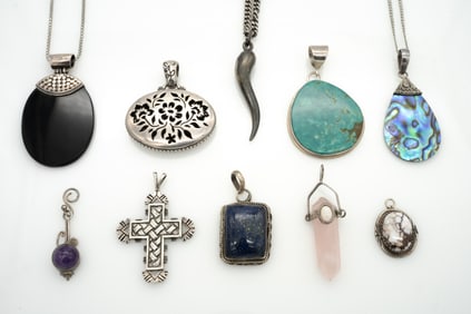 Vintage Lot of 10 Sterling Silver Pendants incl Chains & Asst Stones