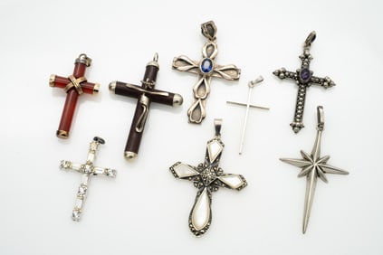 Lot of 8 Cross Pendants incl Sterling Silver and Hardstone