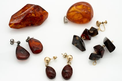 Group of Vintage Amber, Earrings, Pendant, and Brooch