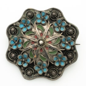 Antique Russian/Central Asian 900 Silver Enamel Brooch