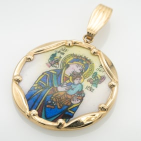 Vintage 14k Gold, Enamel Virgin Mary Icon Pendant