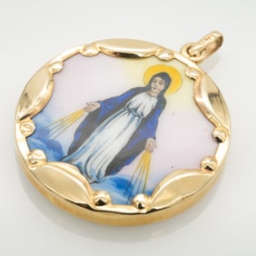 Vintage 14k Gold, Enamel Virgin Mary Burning Heart Pendant