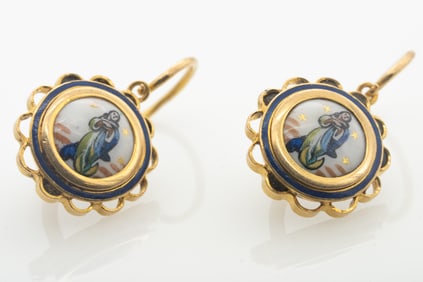 Vintage Portuguese 800 Gold, Enamel Virgin Mary Earrings