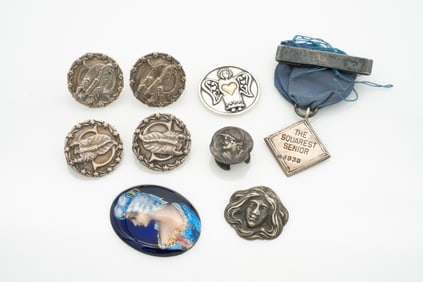 Group of Sterling Silver and Enamel Tokens, Earrings, Medal, Pins incl 14k Gold