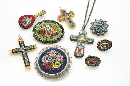 Group of 8 Micro Mosaic Italian Jewelry incl Earrings, Brooches, Pendants
