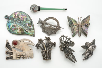 Group of 8 Vintage Sterling Silver Brooches incl Reverse Painted Glass
