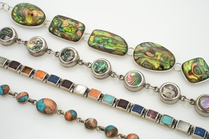 Lot of 4 Sterling Silver Bracelets incl Abalone, Spiny Oyster, Turquoise
