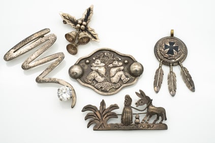 Lot of 5 Sterling Silver Brooches and Pendant Mexico incl Iron Cross
