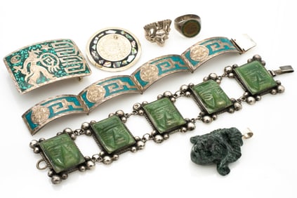 Group of 7 Vintage Jewelry Pieces with Mayan Inspired Design incl Carved Jadeite Pendant