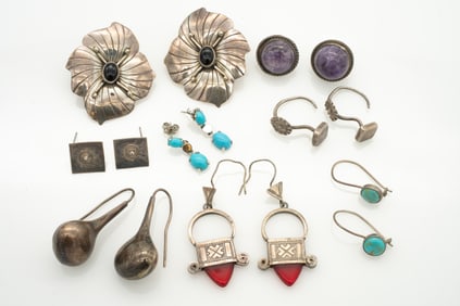 Group of 8 Pairs of Sterling Silver Earrings, Cultural grouping incl Native American, Mexico and