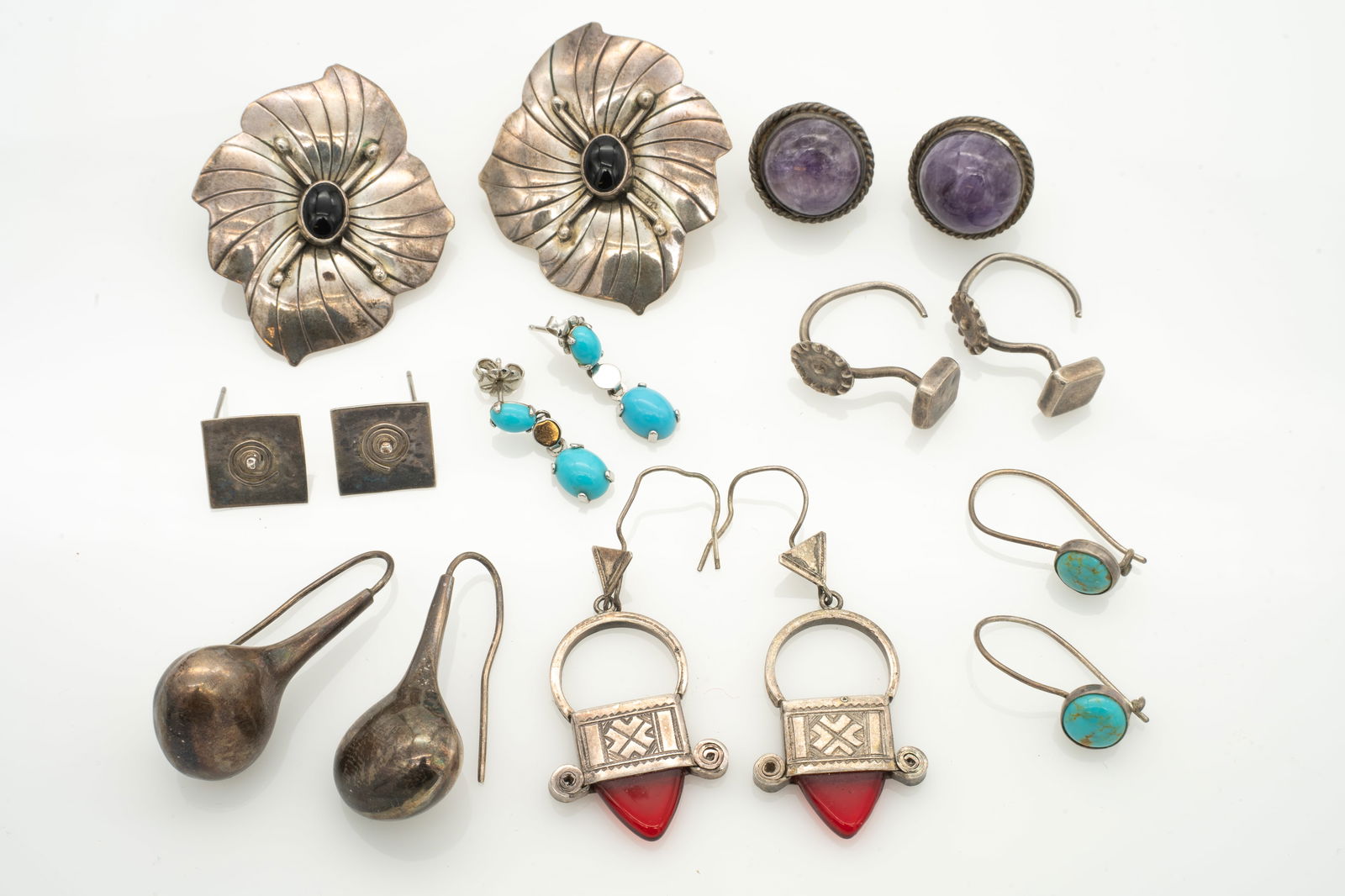 Group of 8 Pairs of Sterling Silver Earrings, Cultural grouping incl Native American, Mexico and (1 of 10)