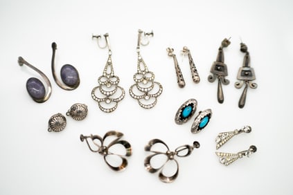 Lot of 8, Vintage Sterling Silver Earrings Pawn Mid Century Studio