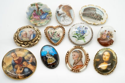 Large Group of Vintage and Antique Painted Brooches, French, Italian and American