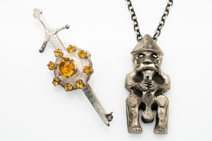 Vintage Lot of Silver Jewelry, Scottish Citrine Sword Pin and Iceland Viking Figure Pendant