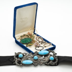 Group of Antique Jewelry, Enamel and Hardstone Brooches and c. 1900 Silver SP Belt