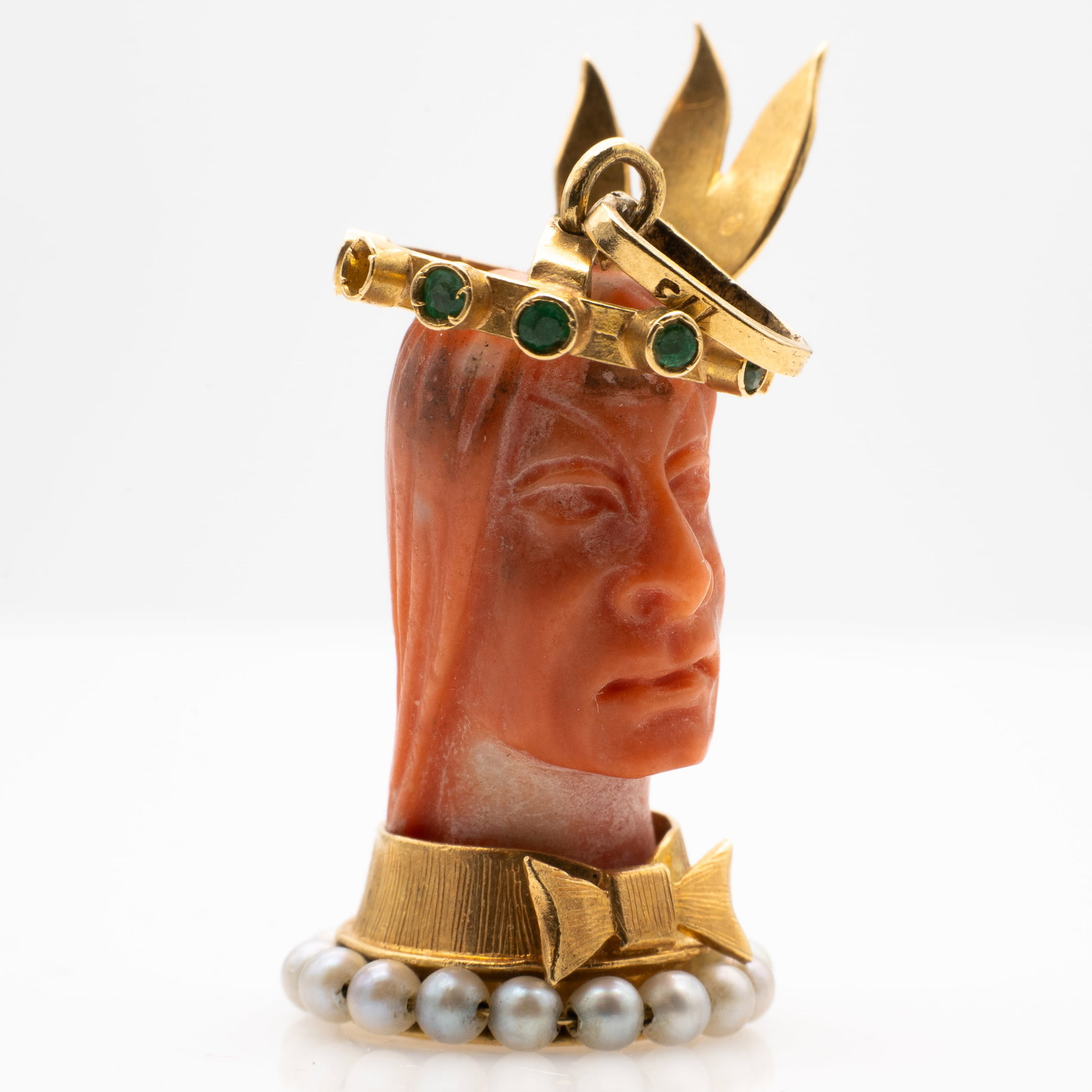 Vintage 18k Gold, Coral, and Emerald Rainforest Warrior Charm Bracelet Charm (1 of 3)