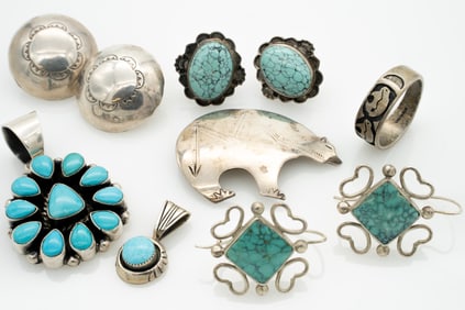 Group of Vintage Native American Sterling Silver Turquoise Jewelry, Running Bear
