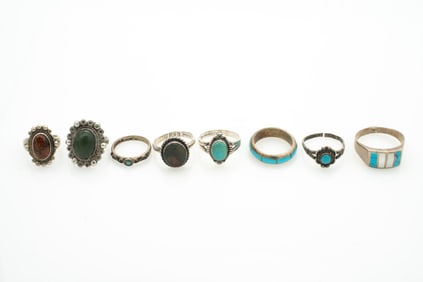 Lot of 8 Sterling Silver Rings Incl Native American Turquoise