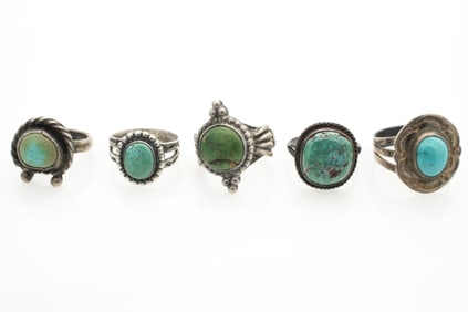 Group of 5 Native American Pawn Sterling Silver and Turquoise Rings