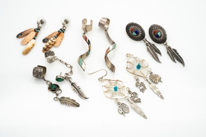Group of 5 Pairs of Native American Dangle Earrings, incl Ear Cuffs