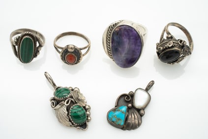 Lot of 6 Vintage Native American Sterling Silver and Turquoise, etc. Rings and Pendants