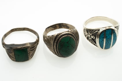Lot of 3, Native American Navajo Sterling Silver Turquoise Malachite Rings Pawn