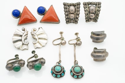 Vintage Group of Sterling Silver, Turquoise, Coral Retro Earrings
