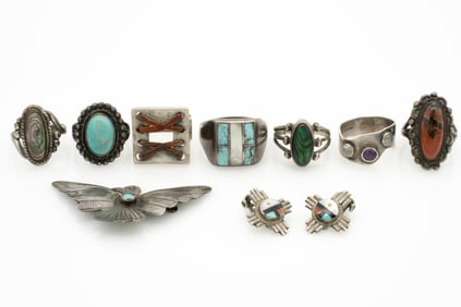 Lot of 9, Silver Turquoise Etc Southwest Jewelry incl Unique Silver and Leather Ring