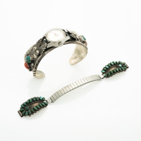 Lot of 2, Native American Sterling Silver Turquoise Watch Bands EPL Zuni Navajo Pawn