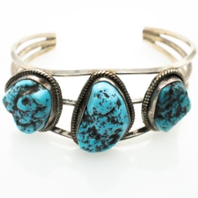 Native American Navajo Sterling Silver 3 Turquoise Nugget Bracelet, Pawn