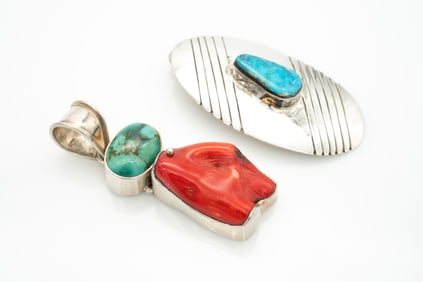 Lot of 2 Large Native American Turquoise, Sterling Silver, and Coral Pendants, One Signed